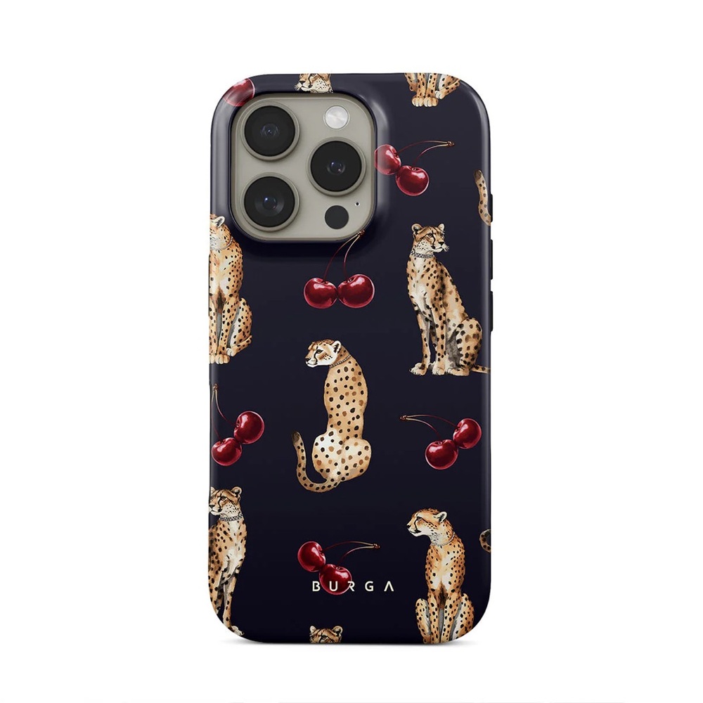 Black Cheetah and Cherry Phone Case 16pro Max
